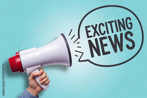 Hand holding a white and red megaphone announcing exciting news in a speech bubble against a bright blue background