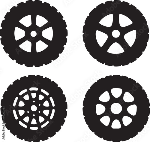 Black Silhouette Car Wheels Set, Off-Road Tire Design, Vector Art