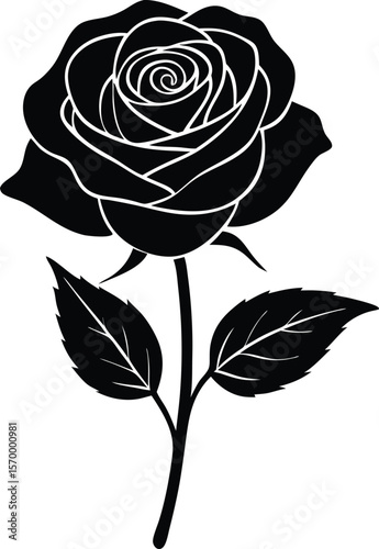 Rose Silhouette: An exquisite black rose stands proudly, its elegant silhouette capturing the intricate details of its petals, stem, and leaves. A timeless illustration of beauty, love.