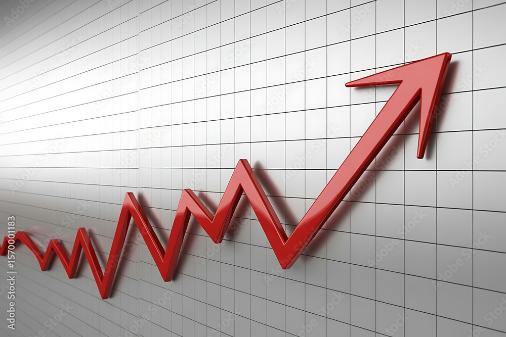 A bold red arrow chart showing a strong upward trend with a jagged path against a clean modern grid background symbolizing growth and success A bold red arrow chart showing a strong upward trend with a jagged path against a clean modern grid background symbolizing growth and success