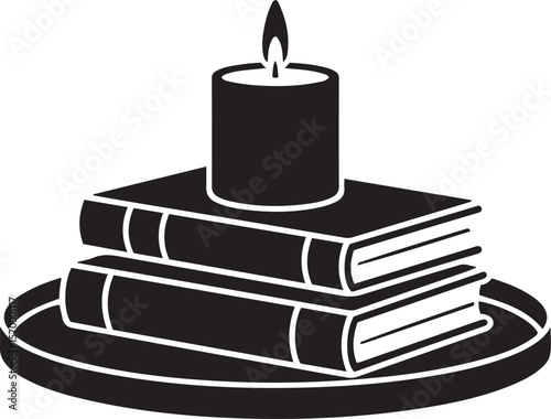 Minimalist silhouette of stacked books with a burning candle on a tray, cozy reading or study icon design