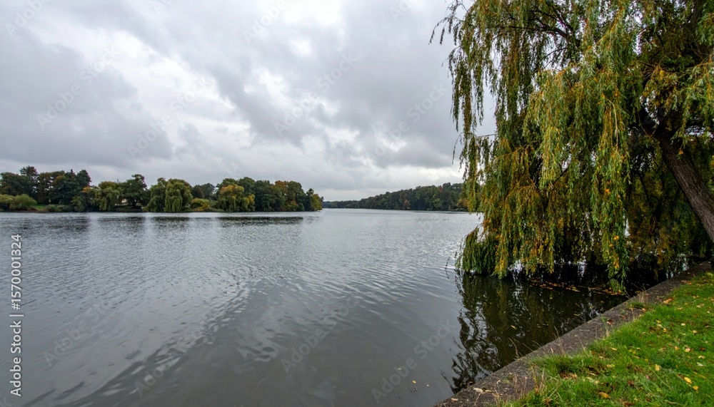 Obraz premium Tranquil River Landscape with Weeping Willow and Cloudy Sky