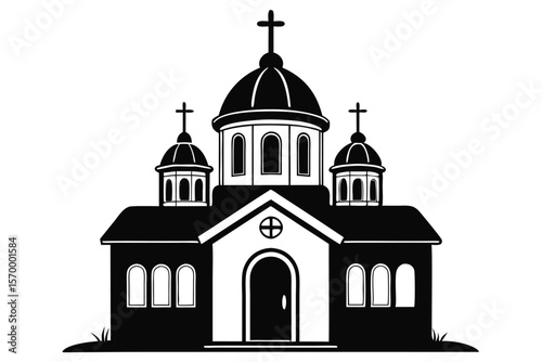 Black and White Illustration of a Church with Domes and Crosses on Top