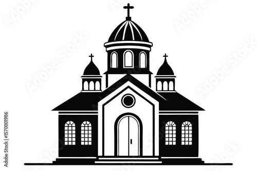 Black and White Silhouette of a Church Building with a Dome and Cross