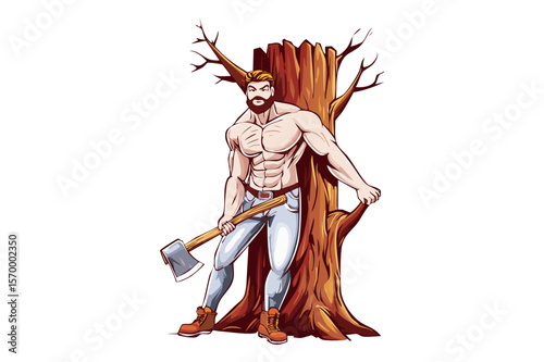 Muscular lumberjack with big ax in hand, man lumberjack with a large axe, ready for work in a forest setting, axeman with axe in hands, carpentry, woodworker, sawmill concept
