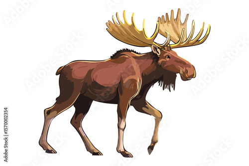 Depiction of moose with bold antlers, Moose buck or elk full body vector illustration, Bull moose alces standing (Alces alces)