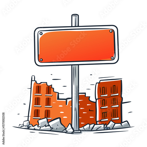 Street Sign Amidst Ruined Buildings Symbolizing Urban Unrest for Social Awareness, News Reporting, Activism, and Political Discussions  