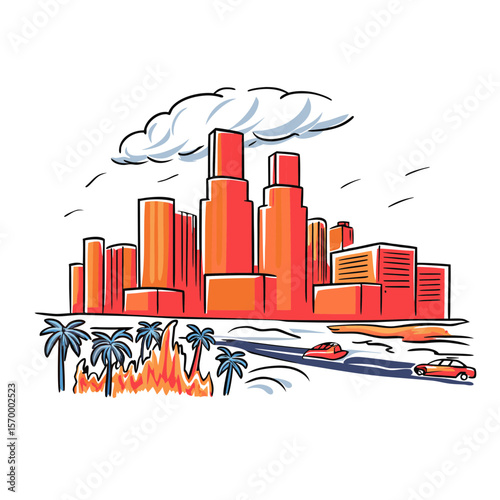 City Skyline Illustrating Riots with Flames and Palm Trees for News, Social Awareness, Urban Exploration, and Activism Blogs  