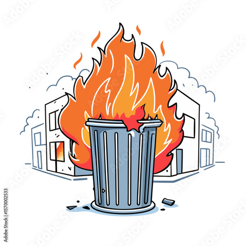 Burning Trash Can Symbolizing Urban Riots with Chaos Background for News Articles, Social Media Content, Activism Awareness, and Educational Resources  