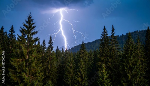 Lightning storm over a pine forest