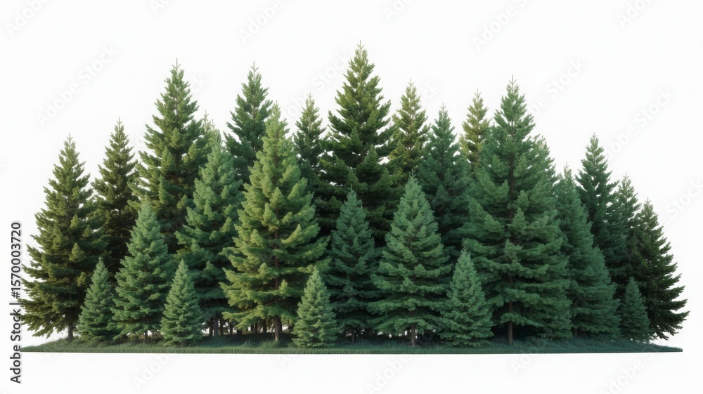 Obraz premium A dense cluster of lush green pine trees on a white background