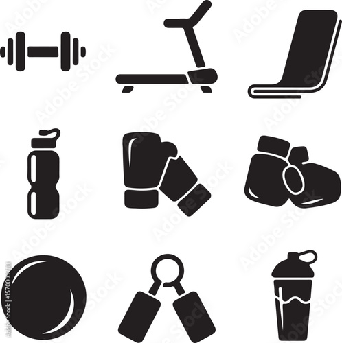 Fitness Icons Gym Equipment, Boxing Gloves, and Workout Accessories