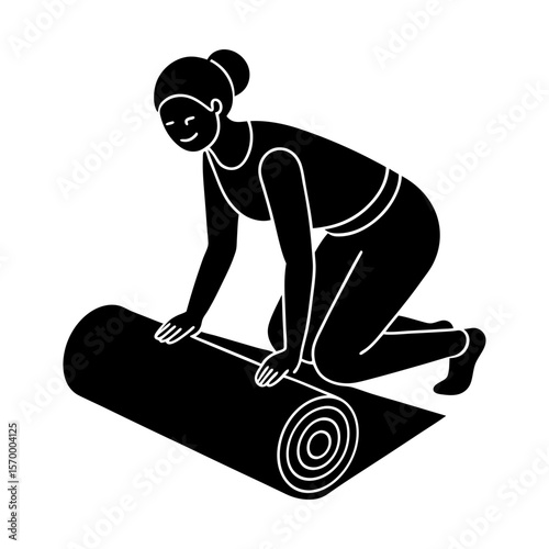 Woman rolling exercise mat fitness training yoga wellness pose silhouette