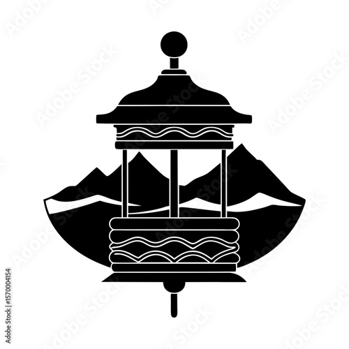 Prayer wheel mountains religion buddhist traditional symbol silhouette