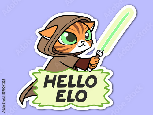 Schilderij op canvas Cartoon Cat Jedi Knight with Lightsaber Saying Hello There on a Light Green Bann