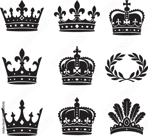 Collection of nine black silhouette royal crowns and a laurel wreath on a white background representing monarchy and victory