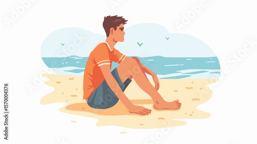 Solitude, Contemplation: A Man Finds Peace on the Beach in Sportswear sea sky sun sand calm rest    