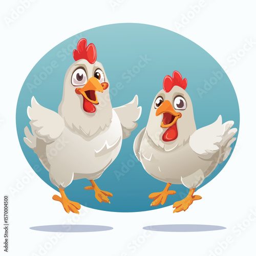 Adobe Illustrator Artwork  Two cheerful white cartoon chickens with red combs and wattles, appearing to dance or jump with excitement, set against a light blue oval background.