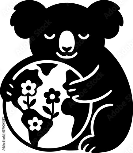 Koala hugs earth globe with flowers, showcasing environmental love and conservation in a black and white vector design, silhouette