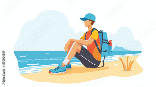 Solitude, Reflection: Man Contemplates Life on Sandy Shore, Wearing Athletic Gear sea calm yoga alone