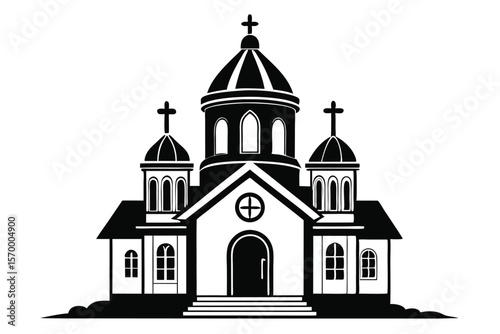 Black and White Illustration of an Orthodox Church with Domes and Crosses