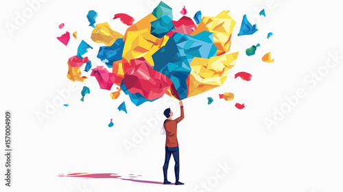 Powerful Man Holding Giant Colorful Crumpled Paper Ball up 3d art big art idea hand size shot large 