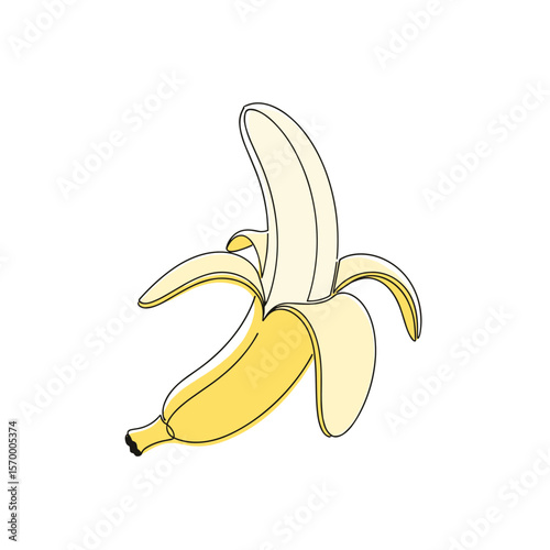 Ripe banana with peeled skin against a white background  