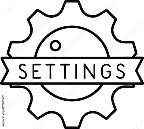 Settings Icon: A minimalist gear icon with the word 'Settings' integrated, symbolizing control and customization, perfect for digital interfaces and technological concepts.