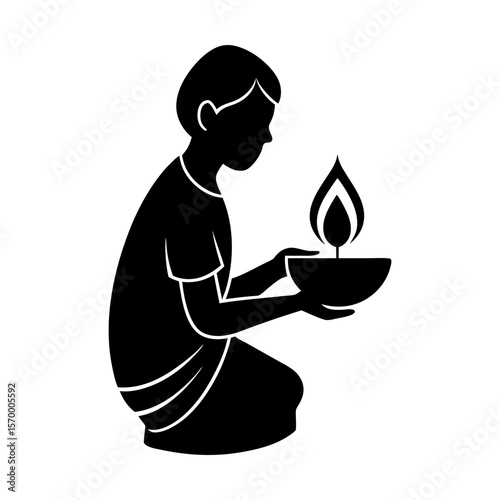 Boy holding diya flame light tradition culture celebration art silhouette