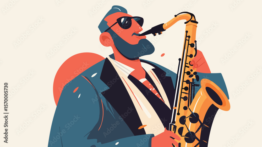 Fototapeta premium Groovy Saxophonist: Flat Vector Illustration of a Cool Musician Playing Sax man art jazz icon blues