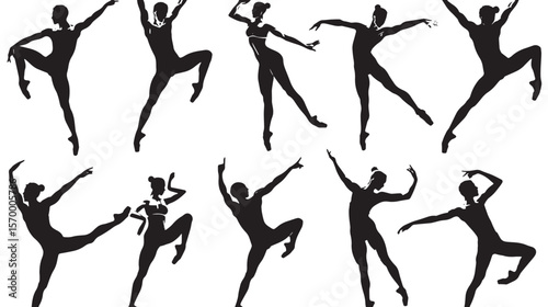 silhouette gymnast dancer, set of ballerina male flexible pose 