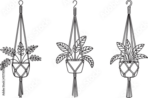 Collection of black and white illustration of three macrame hanging planters