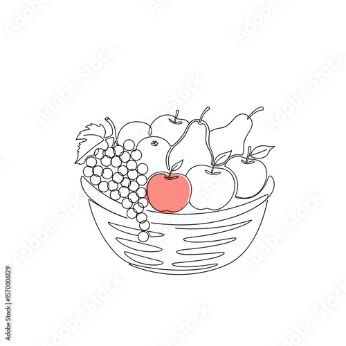 Fruit bowl with grapes, apples, and pears in simple line art  