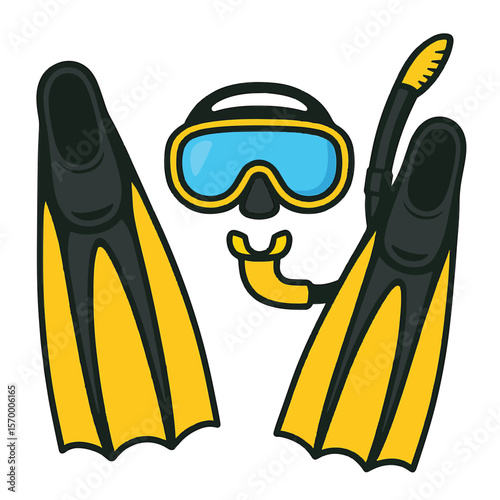 A black and white vector illustration of a scuba diver underwater. The diver is wearing a full diving suit with a mask