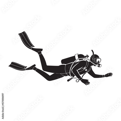 Scuba diver swimming underwater in black and white silhouette vector