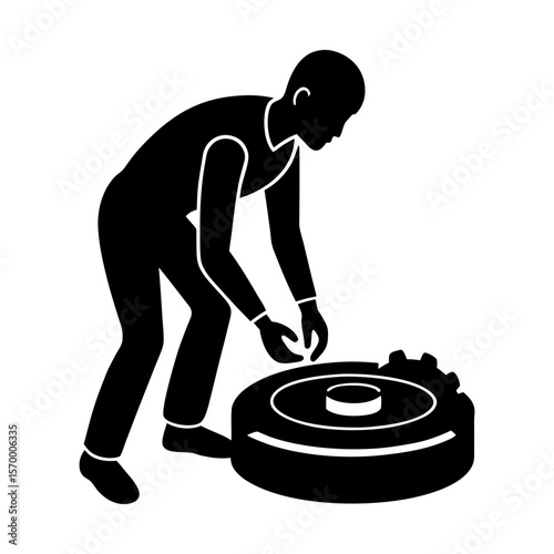 Person repairing robot vacuum cleaner maintenance service tech silhouette
