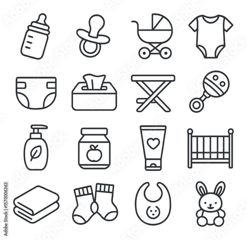 Baby essentials collection, infant care icons. newborn and nursery item set
