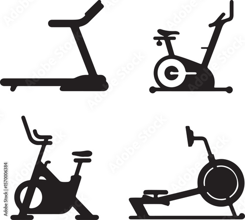 Cardio Equipment Icons Treadmill, Stationary Bikes, Rower
