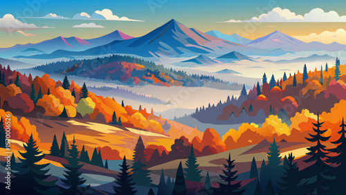 Mont Tremblant, Quebec – Forested hills ablaze in fall hues fade into misty mountaintops, presenting a dreamy and tranquil landscape.