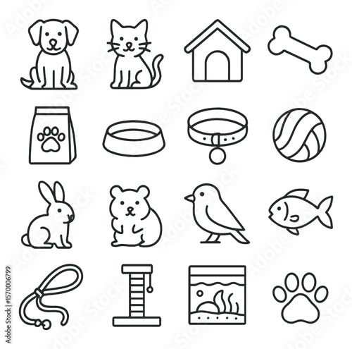 Pet icon collection, animal care symbols. furry friends and wildlife set