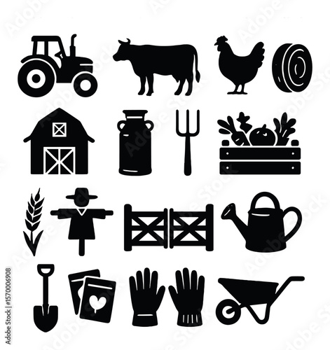 Farm icon collection, agriculture and rural symbols. farming and gardening elements set