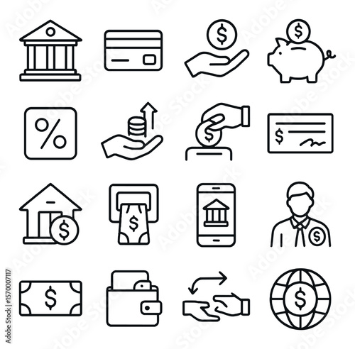 Banking icons collection, finance symbols set. money, payment, and savings illustrations