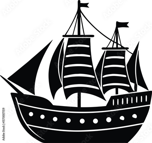 Sailboat's Silhouette: A striking black and white illustration of a sailboat, its sails billowing in the wind, evokes a sense of adventure and exploration.