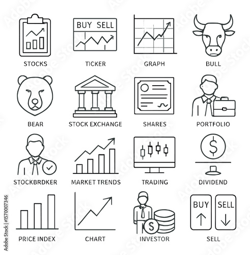 Finance and stock market icon collection: investments, trading symbols, economic set