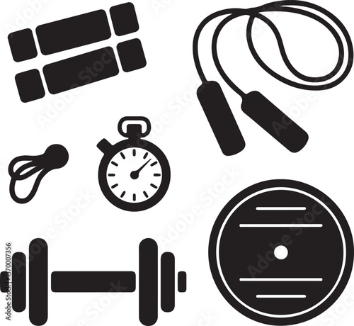 Fitness Equipment Icons Dumbbells, Jump Rope, Stopwatch, Yoga Mat, Weight Plate