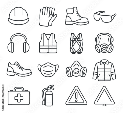 Safety equipment collection: essential protection gear icons for workplace and industry