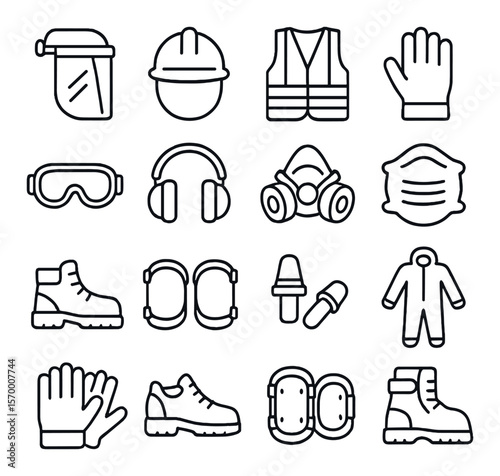 Ppe safety icon collection, protective equipment design. industrial and workplace gear set