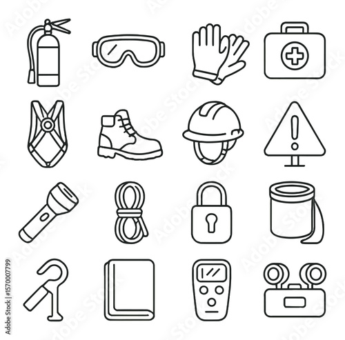Safety tools icon collection, essential protection symbols. gear and hazard set