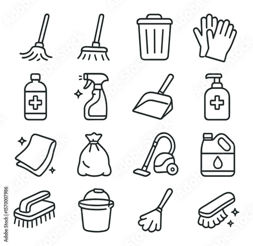 Workplace cleaning icon collection, sanitation and hygiene symbols for office spaces