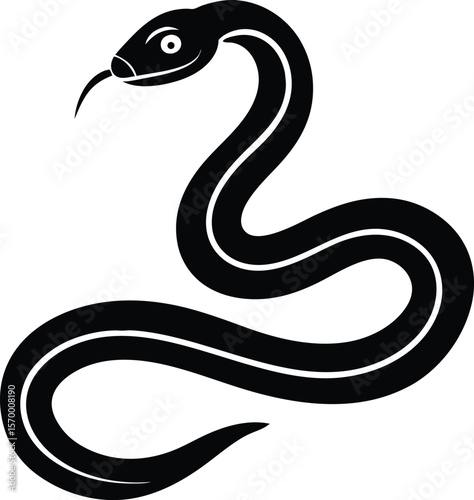 Snake Silhouette: A striking monochrome illustration of a sleek black snake with a forked tongue, coiled and ready to strike.